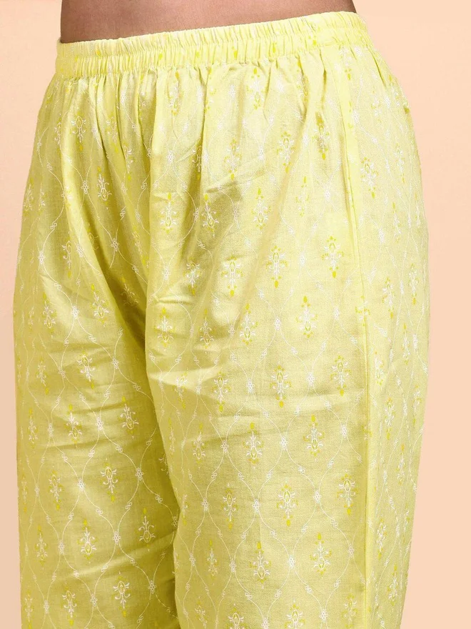 Ishin yellow Women Yellow Cotton Kurta with Trousers and Dupatta Set for Women | Best Price UAE