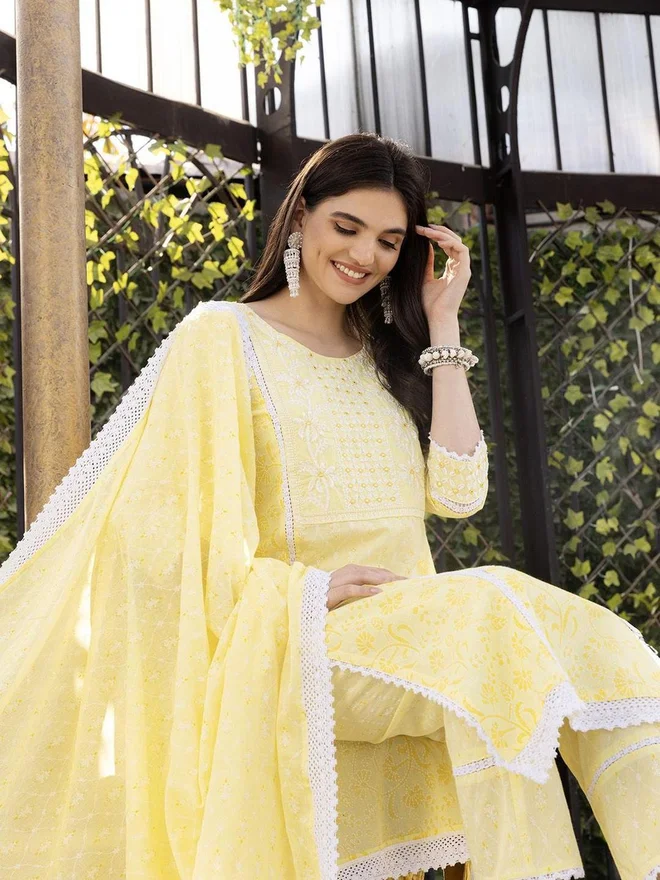 Ishin yellow Women Yellow Cotton Kurta with Trousers and Dupatta Set for Women | Best Price UAE