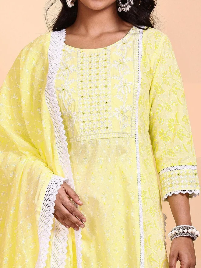 Ishin yellow Women Yellow Cotton Kurta with Trousers and Dupatta Set for Women | Best Price UAE
