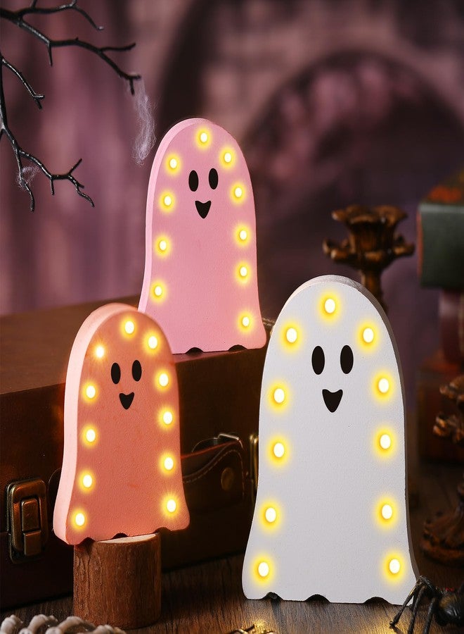 Tujoe 3 Pcs Halloween Decorations Light Up Wooden Ghost Light Up Ghost Kit Pink Halloween Table Centerpiece for Home Decor Kitchen Mantel Tabletop Windowsill - Image 3