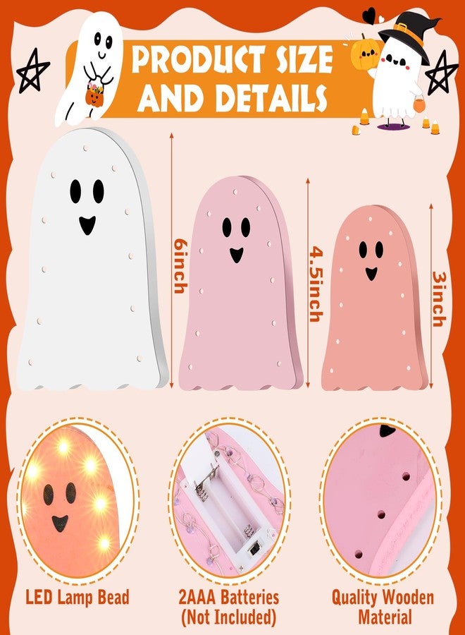 Tujoe 3 Pcs Halloween Decorations Light Up Wooden Ghost Light Up Ghost Kit Pink Halloween Table Centerpiece for Home Decor Kitchen Mantel Tabletop Windowsill - Image 2