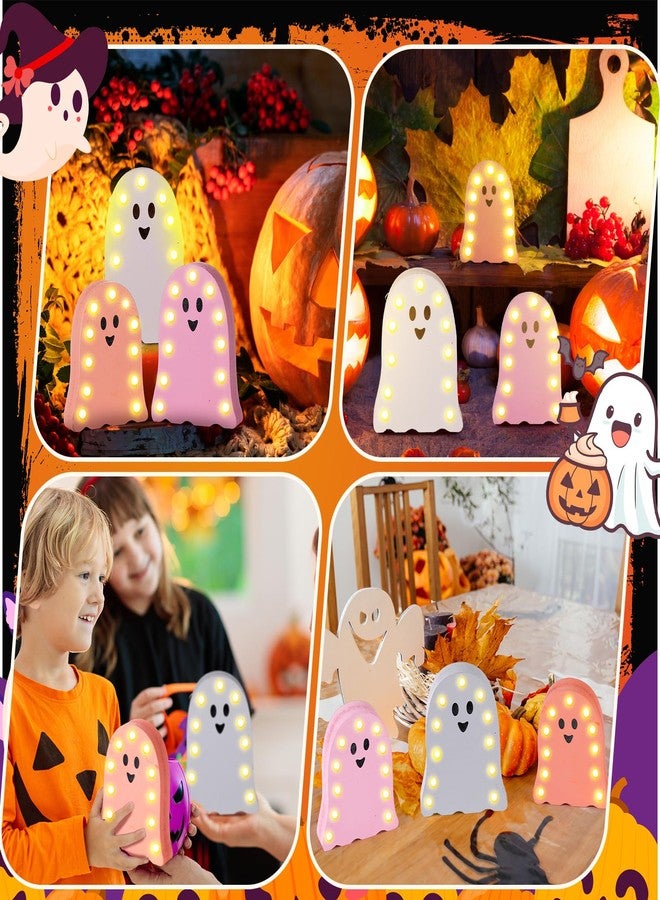 Tujoe 3 Pcs Halloween Decorations Light Up Wooden Ghost Light Up Ghost Kit Pink Halloween Table Centerpiece for Home Decor Kitchen Mantel Tabletop Windowsill - Image 4