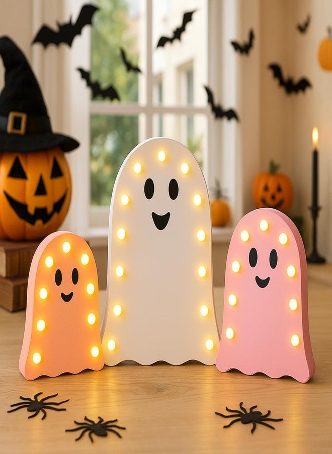 Tujoe 3 Pcs Halloween Decorations Light Up Wooden Ghost Light Up Ghost Kit Pink Halloween Table Centerpiece for Home Decor Kitchen Mantel Tabletop Windowsill - Image 1