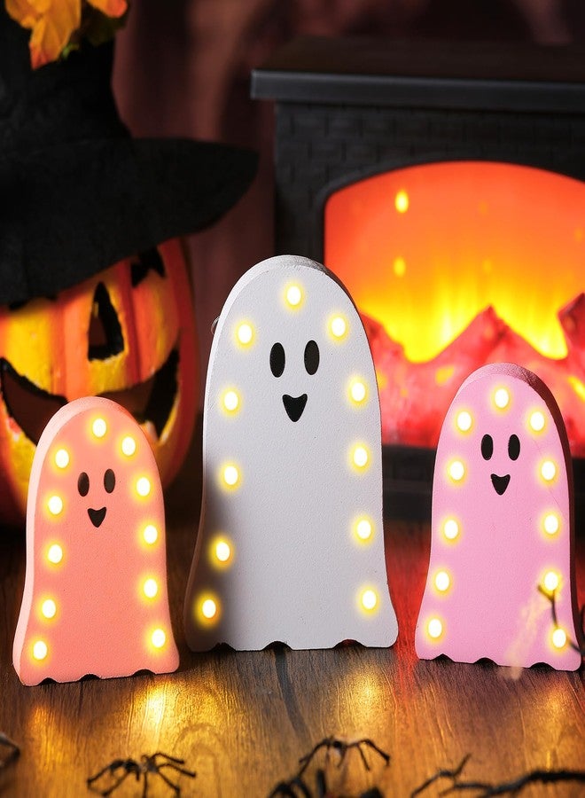 Tujoe 3 Pcs Halloween Decorations Light Up Wooden Ghost Light Up Ghost Kit Pink Halloween Table Centerpiece for Home Decor Kitchen Mantel Tabletop Windowsill - Image 5