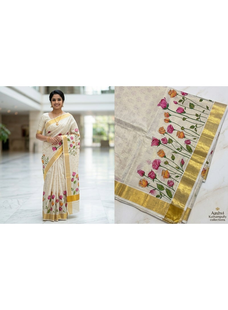 Aashvi Kuthampully Traditional Hand CraftedSet Saree with Golden Zari Border and Rose Garden print - Image 1