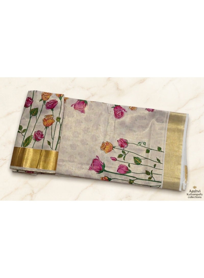Aashvi Kuthampully Traditional Hand CraftedSet Saree with Golden Zari Border and Rose Garden print - Image 2