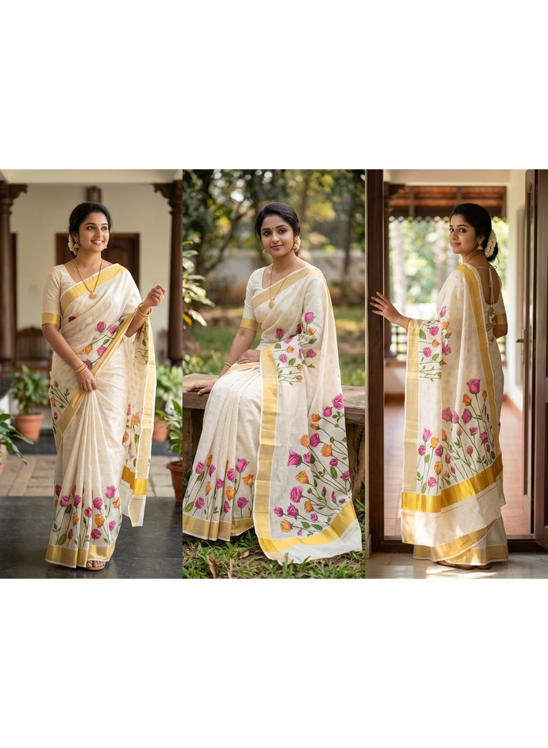 Aashvi Kuthampully Traditional Hand CraftedSet Saree with Golden Zari Border and Rose Garden print - Image 1