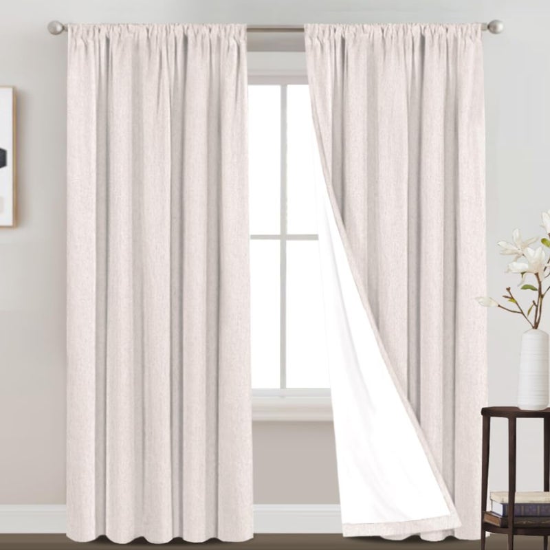 PrinceDeco 100 Blackout Linen Curtains 84 inch Long Rod Pocket Blackout Linen Curtains Panels with White Liner Energy Saving Curtains for Bedroom Set of 252 x 84 Inch Ivory
