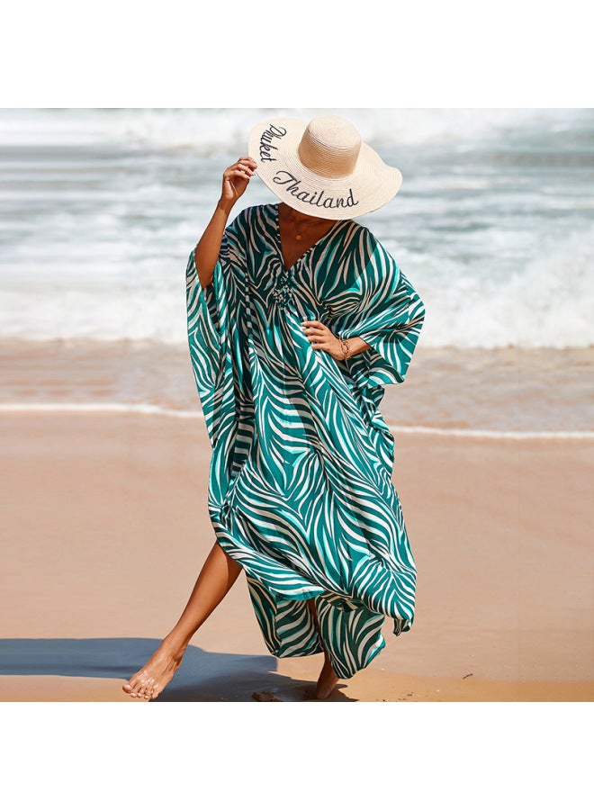 European And American Seaside Holiday Robe Beach Dress Loose Large Size Long Dress Bikini Swimsuit Blouse Sunscreen Shirt For Women-Color:Cotton Green White Zebra (ZS1770-9)-  - Image 1