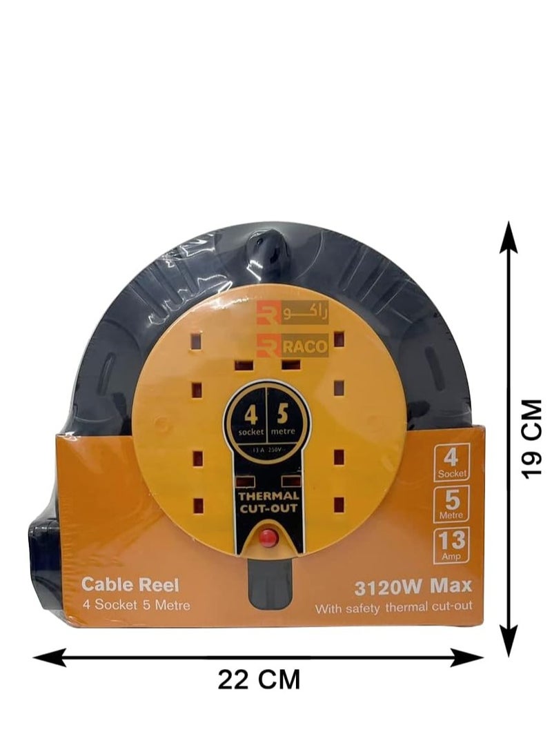 RACO 13A Exstension Reel 4 Socket 5 Metre Cable Length Plastic Body Extension Corde with Saftey Thermal Cut-Out  - Image 3