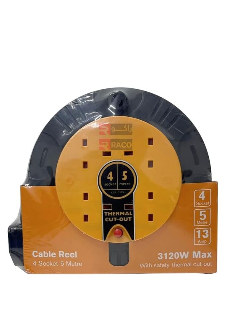 RACO 13A Exstension Reel 4 Socket 5 Metre Cable Length Plastic Body Extension Corde with Saftey Thermal Cut-Out  - Image 2