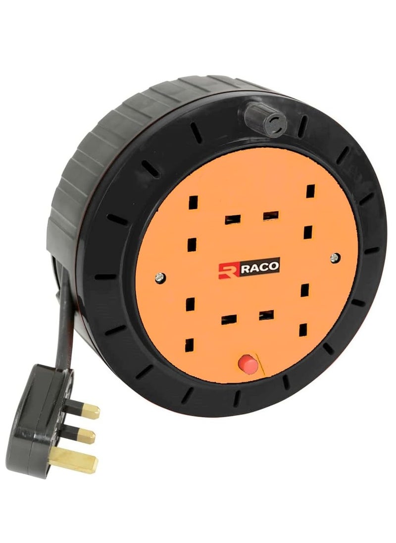 RACO 13A Exstension Reel 4 Socket 5 Metre Cable Length Plastic Body Extension Corde with Saftey Thermal Cut-Out  - Image 1