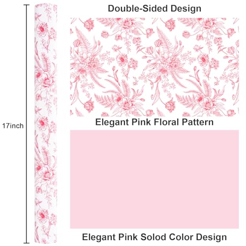 Yarcony Pink Floral Gift Wrapping Paper, Vintage Toile Floral Pink Gift Wrap for Girls Women Birthday,Wedding, Mother's Day, Valentine's Day,Bridal Shower, Spring (17 In X 16.5 Ft) - Image 3