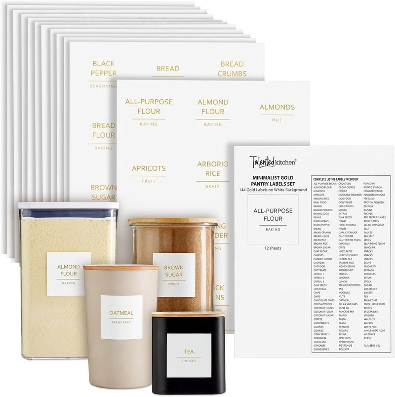Talented Kitchen Labels for Storage Bins & Food Containers - 2.5 x 2.5-Inch Matte White Vinyl Squares - Metallic Gold Text Peel & Stick - Water-Resistant for Jars & Pantry Organization - Image 1