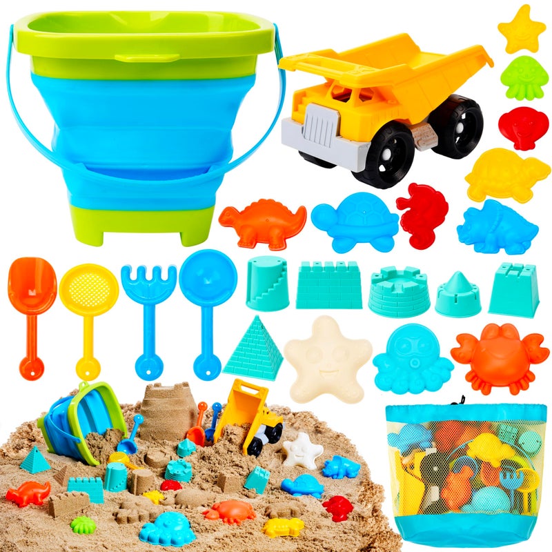 Sloosh Beach Sand Toys Set - Dump Truck Car Toys with Sand Molds for Toddlers Outdoor Play  Collapsible Foldable Buckets Mesh Bag Sand Shovels Castle Animal Mold Sets  Kids Ages Sandbox Toys (Animals) - Image 1