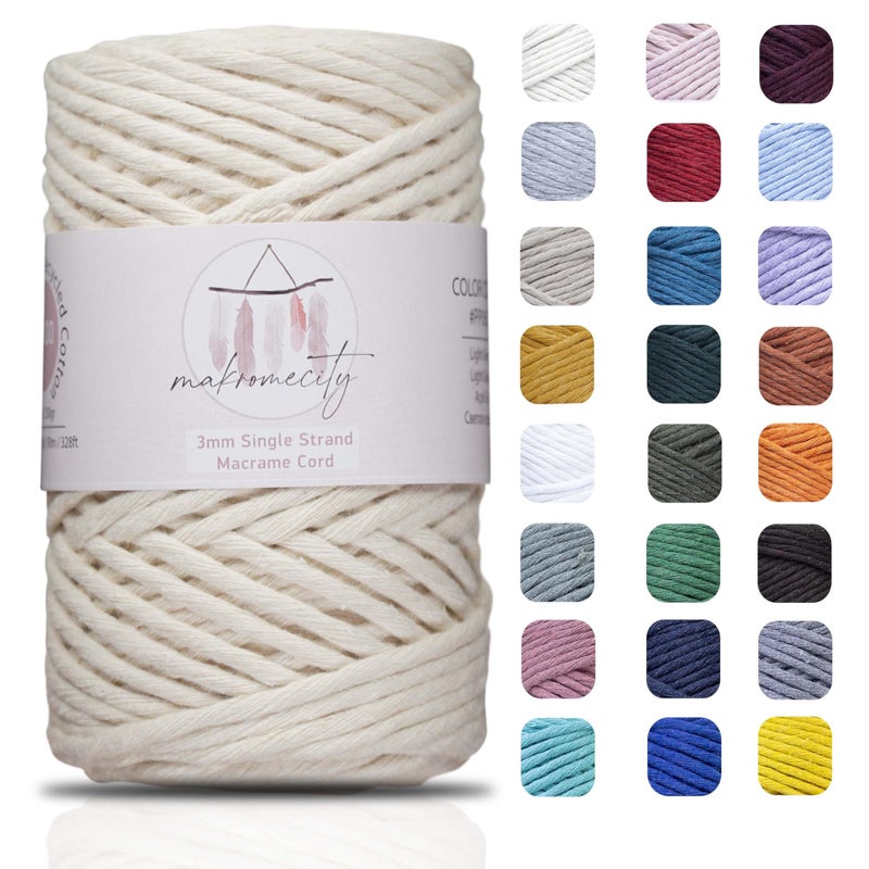 Makromecity, Single Strand Macrame Cord 3 mm x 100 Yards (300 feet) 3mm Single Strand Natural Cotton Cord for Macrame Art & Crafts for Wall Hangings Recycled Cotton Cord Yarn DIY (Ecru, 1 Skein) - Image 1