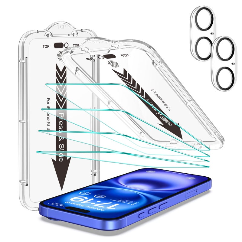 EZ-GLAZ- 4 Pack for iPhone 16 Screen Protector [6.1"] With 2 Pack Camera Lens Protector, 9H+ Hardness 12FT Military Grade Shatterproof Scratch Resistant Durable Tempered Glass Film with Flawless Fit Kit, HD Clear - Image 1