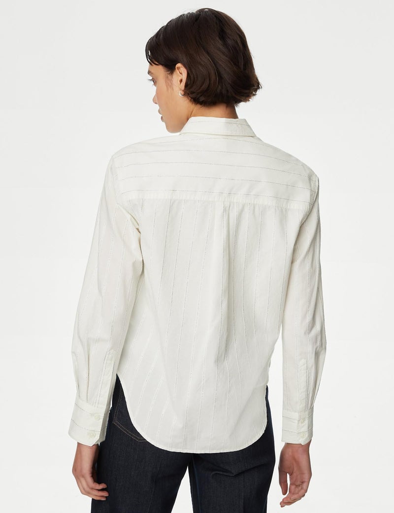 Marks & Spencer Cotton Rich Sparkly Striped Collared Shirt Ivory - Image 5