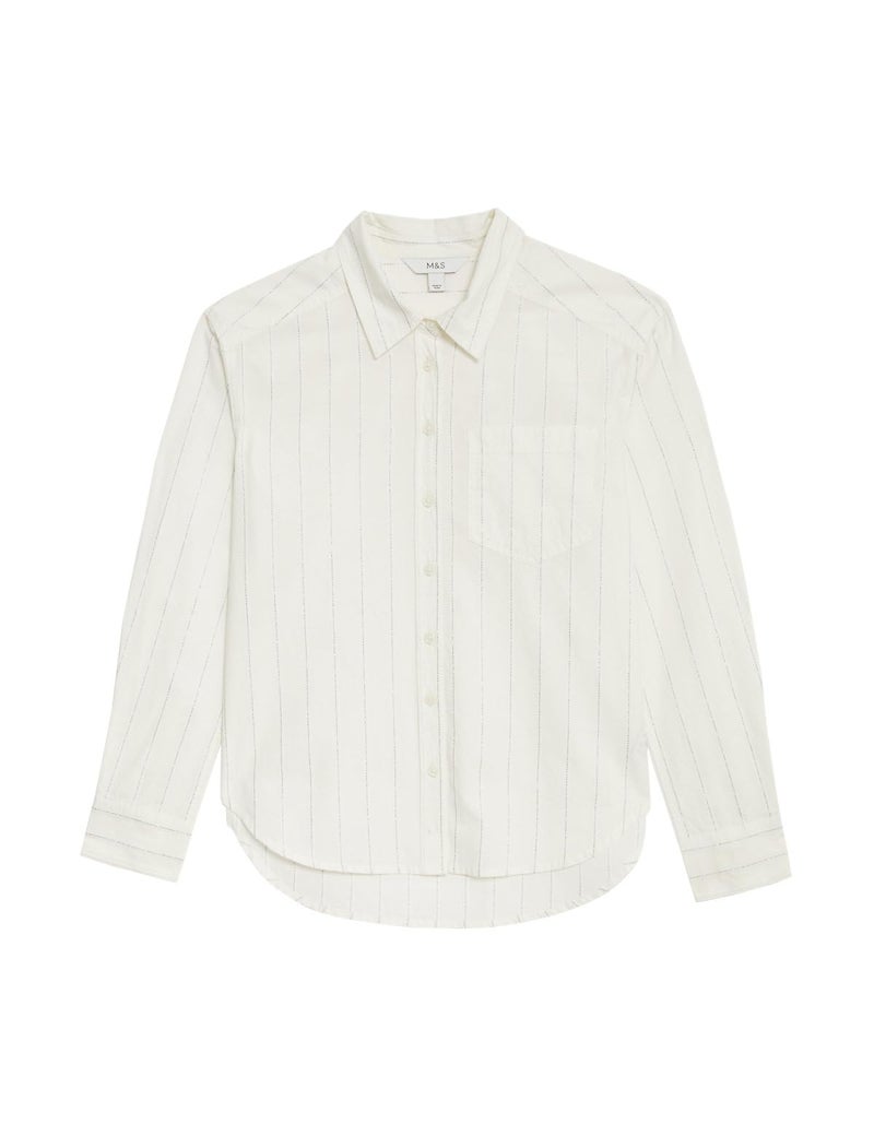 Marks & Spencer Cotton Rich Sparkly Striped Collared Shirt Ivory - Image 3