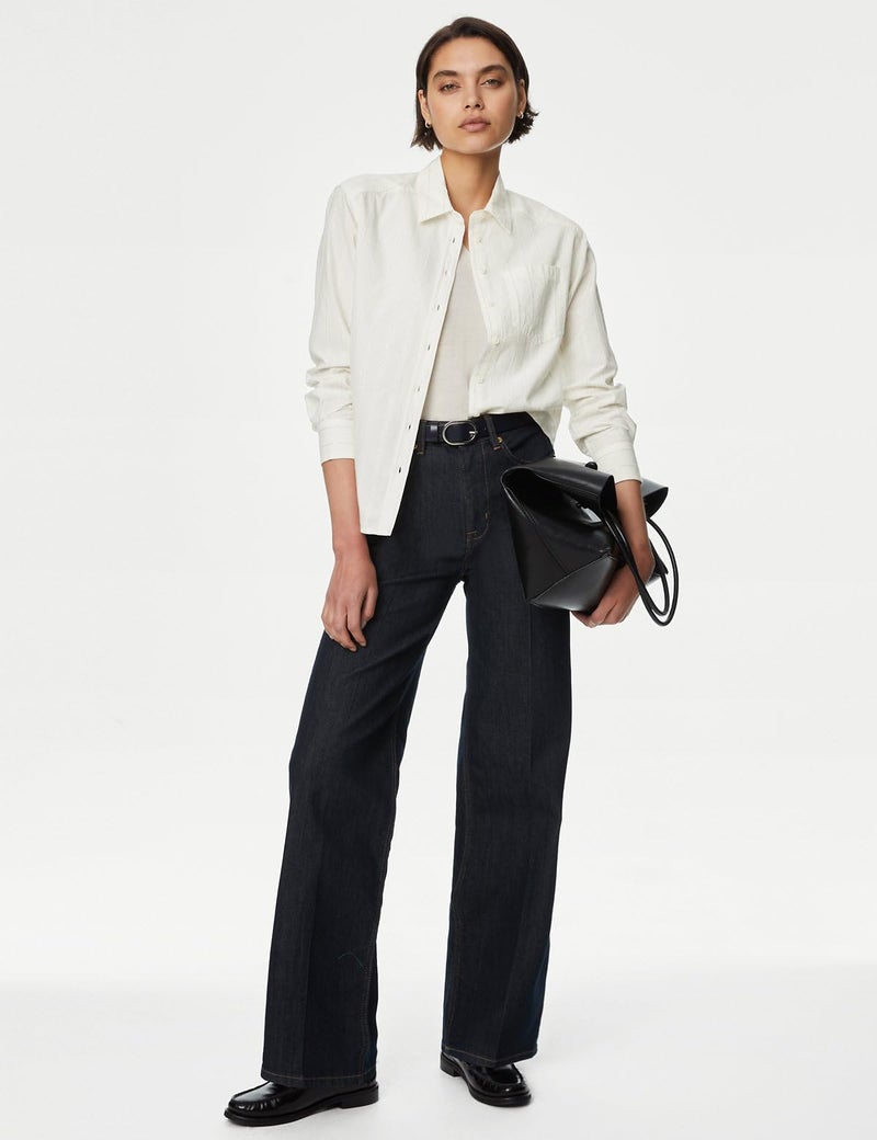 Marks & Spencer Cotton Rich Sparkly Striped Collared Shirt Ivory - Image 2
