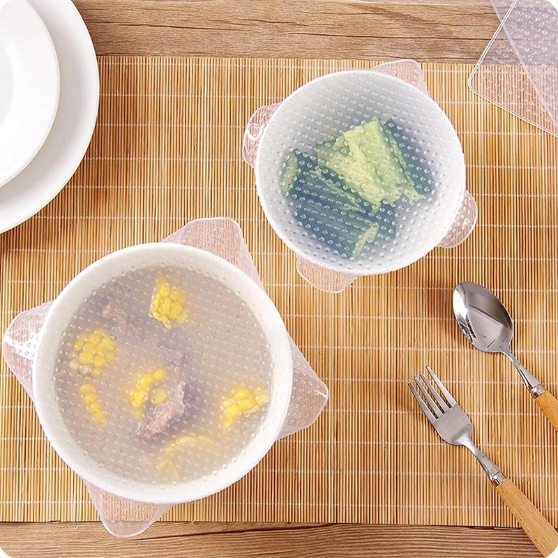 Lukzer Lukzer Set of 4 Reusable Silicone Food Wrap Bowl Pan Pot Lid | Reusable Flexible Covers Silicone Cover Stoppers Caps Keeping Fresh Lids Microwave Splatter Cover Safe Flexible Non-Toxic (Transparent)  - Image 5