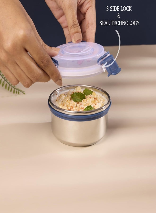 Nayasa Aqua Duplex Lunch Box with 3 Containers (2 Round Containers & 1 Oval Container) Comes with Ziper Pouch, 3 Stainless Steel Containers with Airtight & Leak proof Lid- 300 ML, Ideal For School/ College/ Office, Full Meal & Easy To Carry, Blue - Image 2