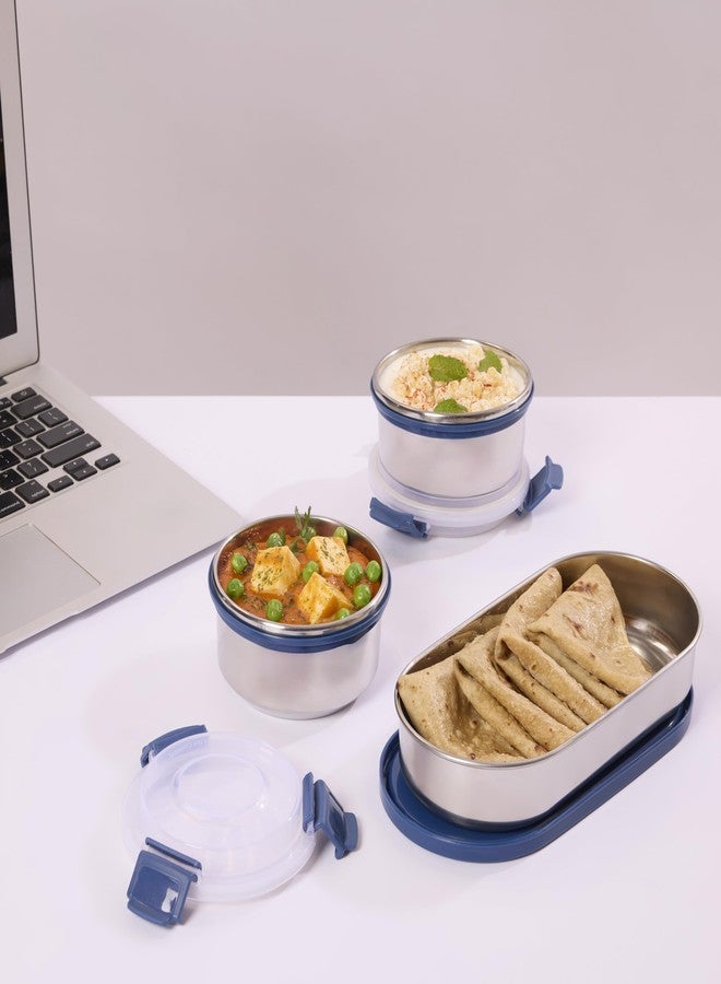 Nayasa Aqua Duplex Lunch Box with 3 Containers (2 Round Containers & 1 Oval Container) Comes with Ziper Pouch, 3 Stainless Steel Containers with Airtight & Leak proof Lid- 300 ML, Ideal For School/ College/ Office, Full Meal & Easy To Carry, Blue - Image 4