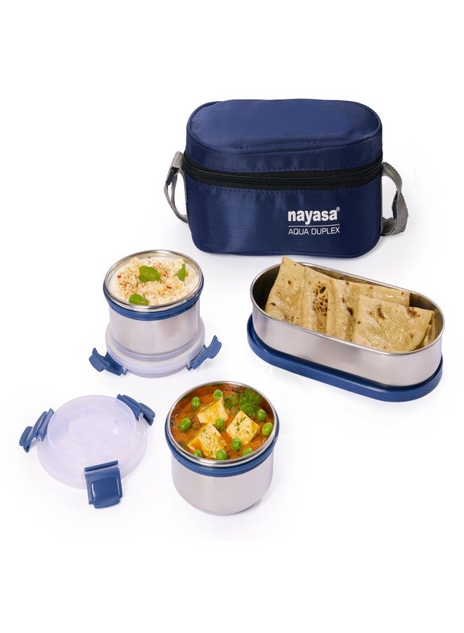 Nayasa Aqua Duplex Lunch Box with 3 Containers (2 Round Containers & 1 Oval Container) Comes with Ziper Pouch, 3 Stainless Steel Containers with Airtight & Leak proof Lid- 300 ML, Ideal For School/ College/ Office, Full Meal & Easy To Carry, Blue - Image 1