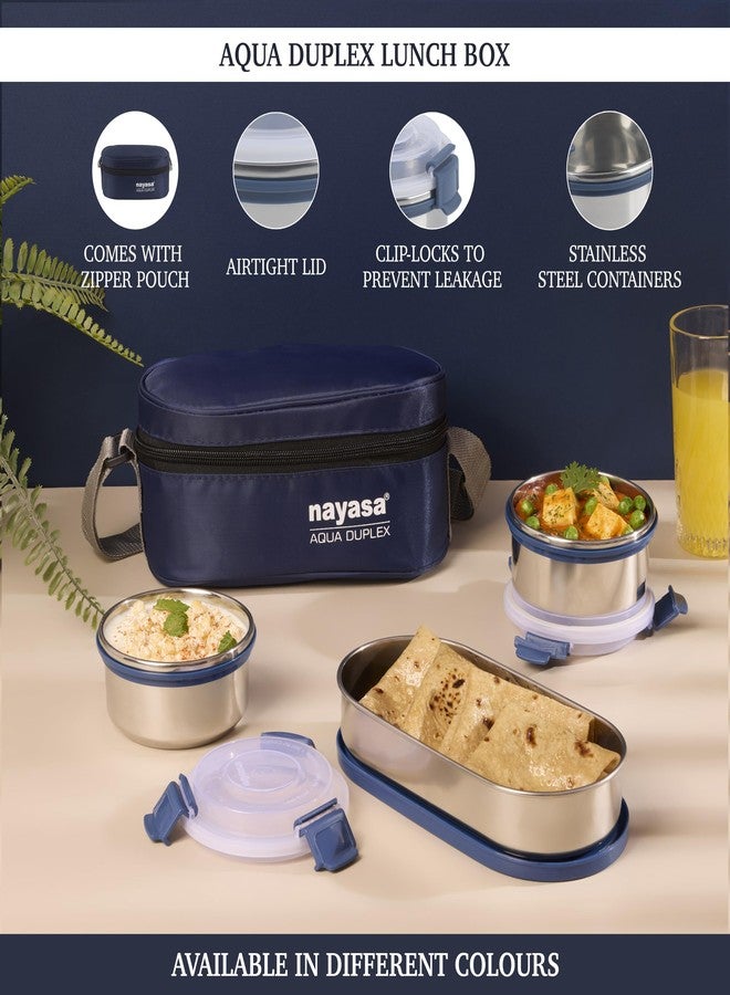 Nayasa Aqua Duplex Lunch Box with 3 Containers (2 Round Containers & 1 Oval Container) Comes with Ziper Pouch, 3 Stainless Steel Containers with Airtight & Leak proof Lid- 300 ML, Ideal For School/ College/ Office, Full Meal & Easy To Carry, Blue - Image 3