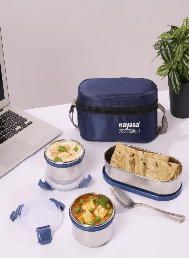 Nayasa Aqua Duplex Lunch Box with 3 Containers (2 Round Containers & 1 Oval Container) Comes with Ziper Pouch, 3 Stainless Steel Containers with Airtight & Leak proof Lid- 300 ML, Ideal For School/ College/ Office, Full Meal & Easy To Carry, Blue - Image 5