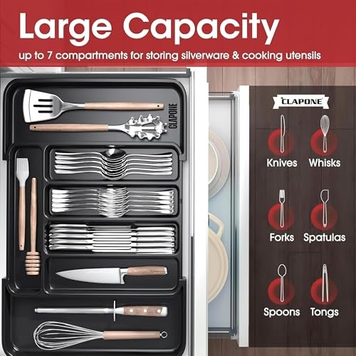 CLAPONE Drawer Organizer Tray/Divider for Spoons Forks Knives Tableware/Kitchen Expandable Utensil Tray/Cutlery Silverware Flatware Holder/Adjustable Utensil Organizer (Premium Black, 1 Pieces) - Image 3