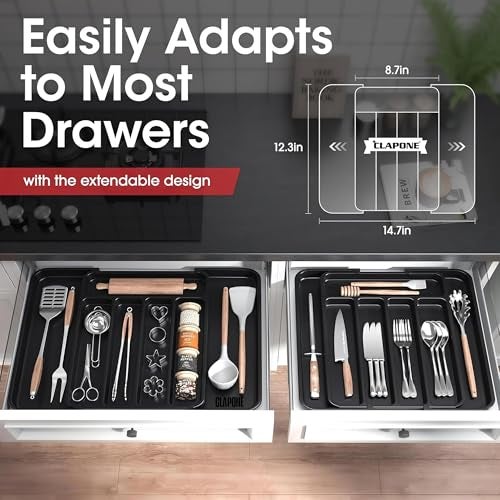 CLAPONE Drawer Organizer Tray/Divider for Spoons Forks Knives Tableware/Kitchen Expandable Utensil Tray/Cutlery Silverware Flatware Holder/Adjustable Utensil Organizer (Premium Black, 1 Pieces) - Image 5