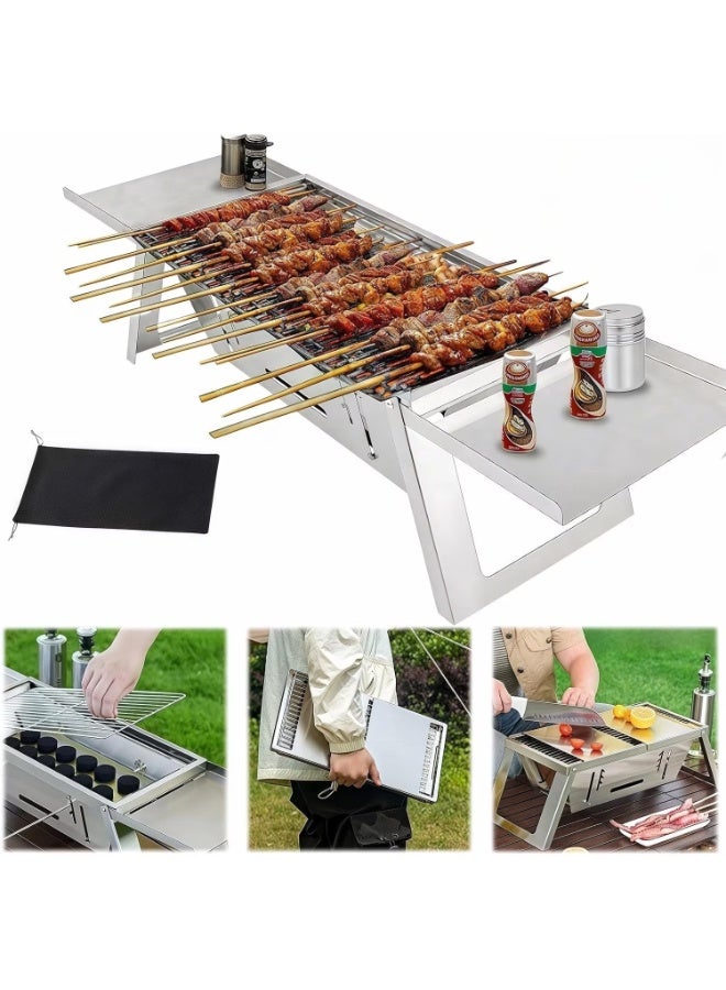 والالا شواية محمولة قابلة للطي الفوري - منطقة طهي مزدوجة من الفولاذ المقاوم للصدأ، خفيفة الوزن 3 كجم مع حقيبة حمل للتخييم والطهي في الفناء الخلفي والخارجي، فضي - Image 1