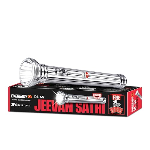Eveready Jeevansathi DL65, Premium & Durable Brass Body, 3W Retro Emergency LED Torch, 3.5 Km Intense White Light, Free 4 D Size Batteries Packed Inside - Image 1