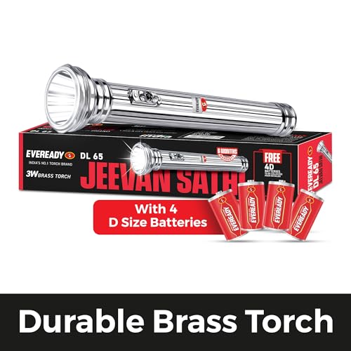 Eveready Jeevansathi DL65, Premium & Durable Brass Body, 3W Retro Emergency LED Torch, 3.5 Km Intense White Light, Free 4 D Size Batteries Packed Inside - Image 2