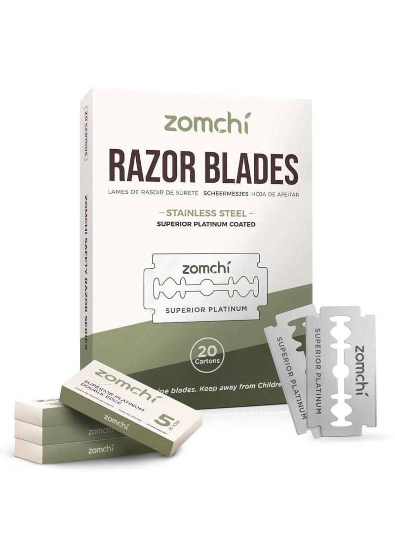 Zomchi Double Edge Razor Blades 2.0, 100 Counts Safety Razor Blades for Shaving, Platinum Stainless Steel Shaving Blades for Men and Women, Fits All Standard Double Edge Razors - Image 1