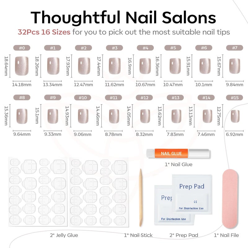 Modelones Cat Eye Press on Nails Short, Square Fake Nails, Reusable Nail Kit with Nail Glue Adhesive Tabs Mini Nail File, Nails Press Ons 32Pcs 16Sizes, Women Girl Gift - Image 4