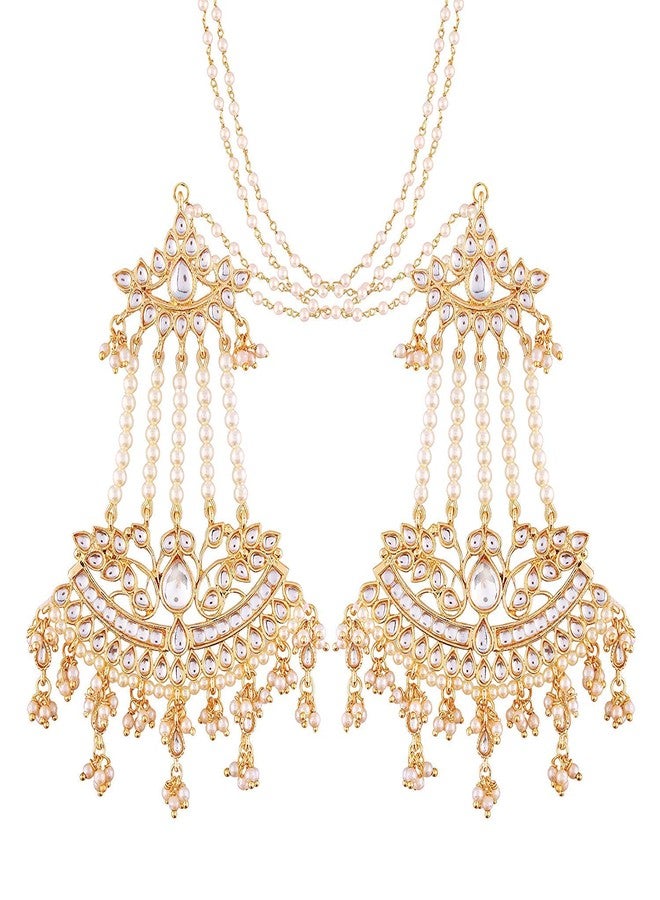Peora White Baby Pearls & Kundan Studded Drop Earrings with Chains Gift for Women - Image 1