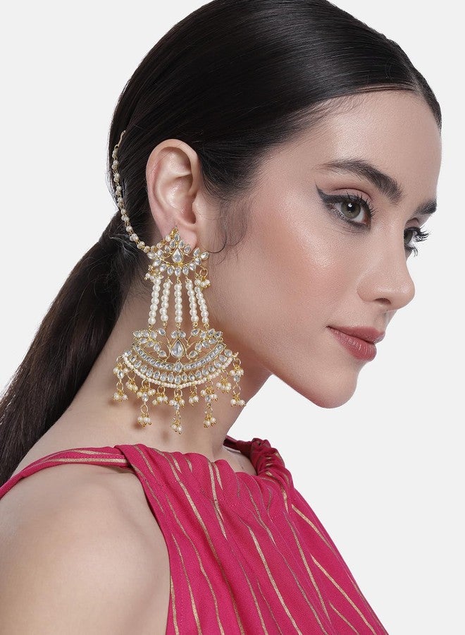 Peora White Baby Pearls & Kundan Studded Drop Earrings with Chains Gift for Women - Image 3
