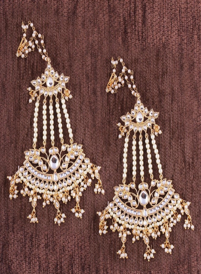 Peora White Baby Pearls & Kundan Studded Drop Earrings with Chains Gift for Women - Image 2
