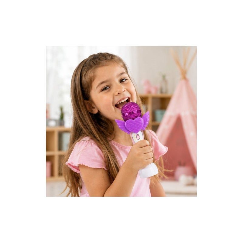 Kids Karaoke Microphone Toy with Stand, Girls Singing Microphone with Wings and Heart Design, Pink and Purple - Image 3