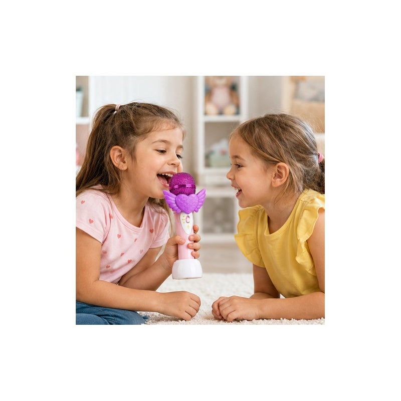 Kids Karaoke Microphone Toy with Stand, Girls Singing Microphone with Wings and Heart Design, Pink and Purple - Image 4