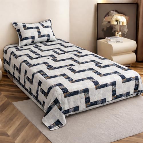 VOMZER Premium Cotton Feel Flat Bedsheet for Double Bed King Size – 300 TC Premium Flat Bedsheet for King Size Bed – Double Bed Bedsheet with 2 Pillow Covers White Lines - Image 1