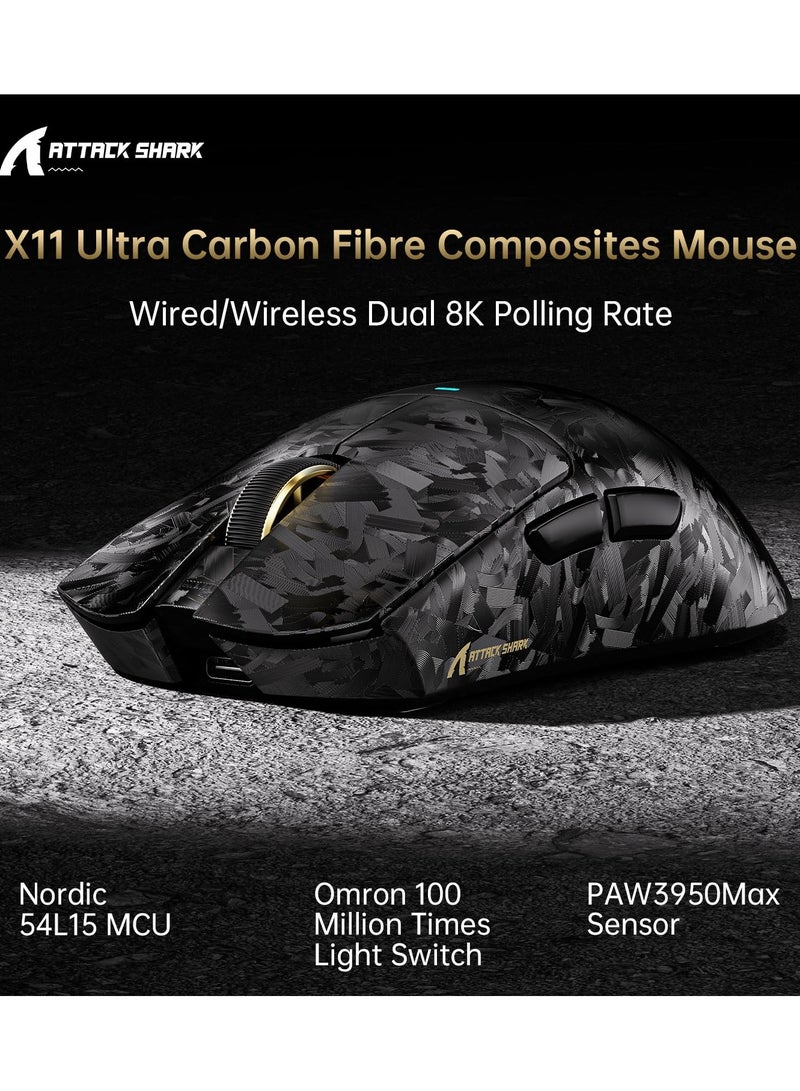 هجوم القرش ماوس الألعاب اللاسلكي X11 Ultra 8K المصنوع من ألياف الكربون، مزود بمستشعر PAW3950 MAX بدقة 42000 نقطة في البوصة، خفيف الوزن (59 غرامًا)، شريحة MCU من نوع Nordic 54L15، سلكي/بلوتوث/2.4 جيجاهرتز، يتحمل 100 مليون نقرة، قابل للبرمجة لأجهزة الكمبيوتر الشخصية وأجهزة ماك (أسود) - Image 2