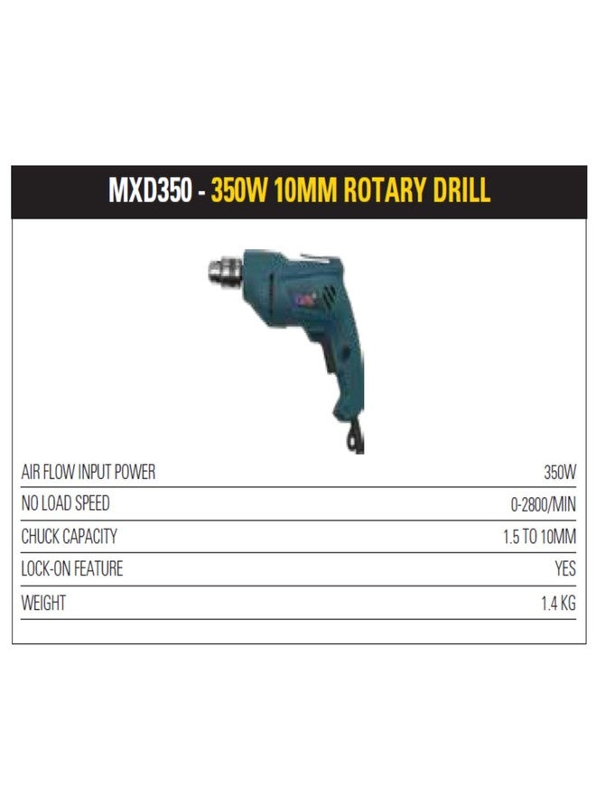 MAX MXD350-IN 350W CORDED Rotary Drill, 2800 RPM No Load Speed, 1.5 to 10mm Chuck Capacity, 1.4 kg, Professional Tool for Wood and Metal Surfaces - Image 4