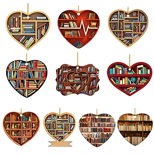 DD-life 10 Pcs Book Lovers Heart Librarian,Books Stacked,Bookshelf Decor,Library,Librarian Christmas Ornament - Image 1