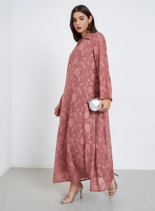 Amirah Pink Floral Textured Maxi Jalabiya