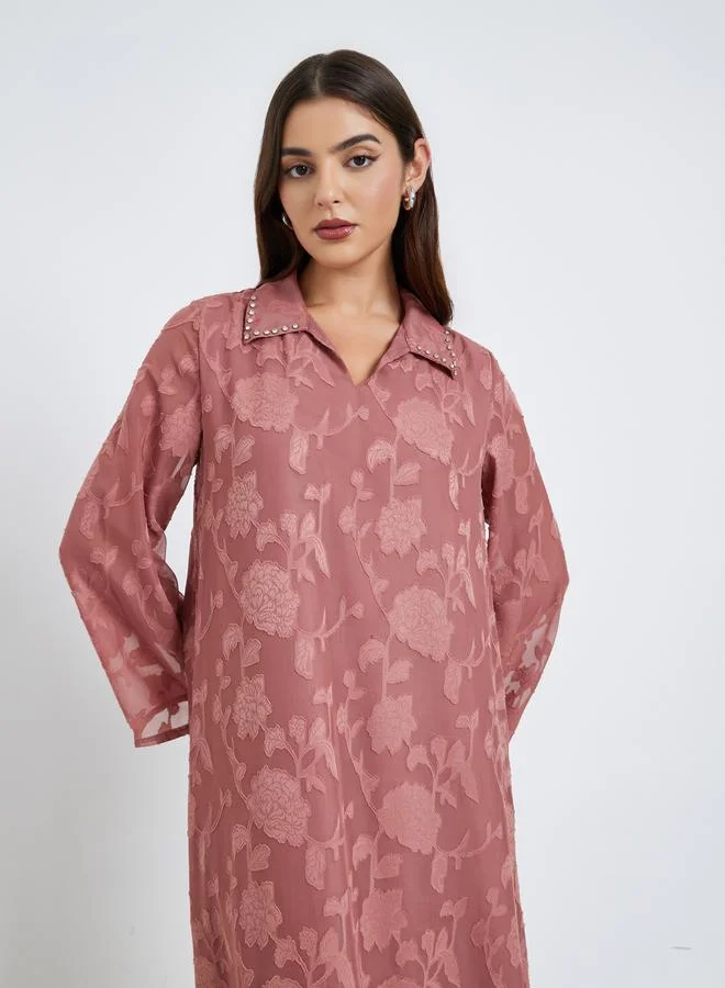 Amirah Pink Floral Textured Maxi Jalabiya