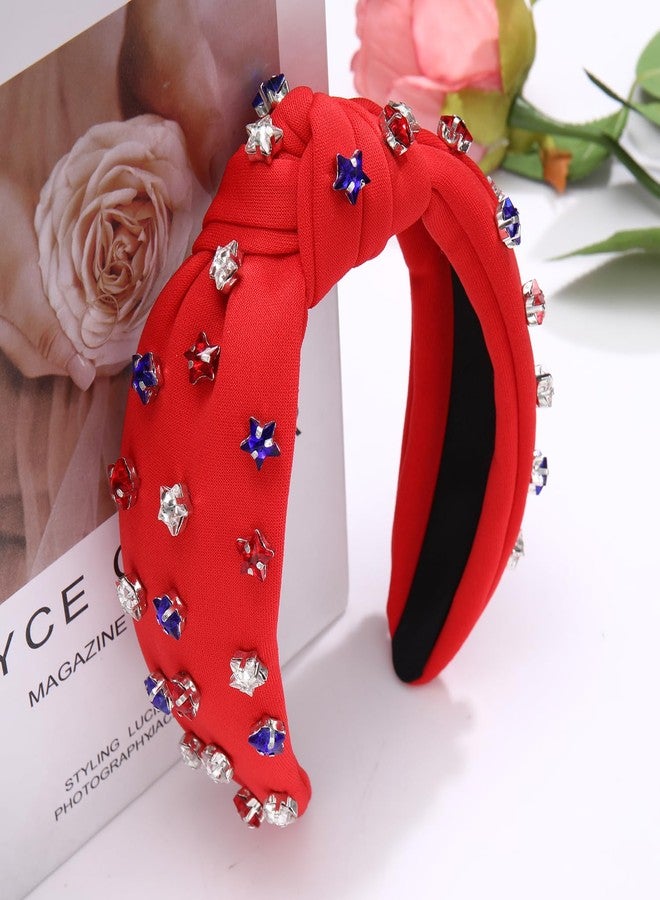 ARATLENCH 4 th of July Headband for Women American Flag Knotted Headband Red White Blue Crystal Star Charm Fourth of July Patriotic Wide Hairband Independence Day Party Favor Decor - Image 2