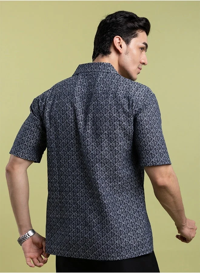 MANNERISM  The Urban Texture Denim Shirt with Rugged Printed Finish for Men | Best Price UAE